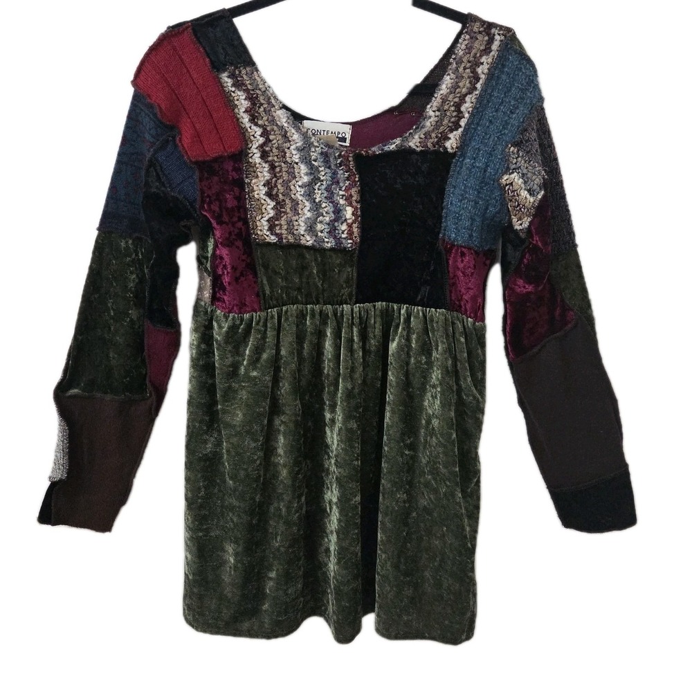 Vintage Patchwork Velvet Top Boho Cottagecore Whimsigoth Artsy Babydoll Blouse